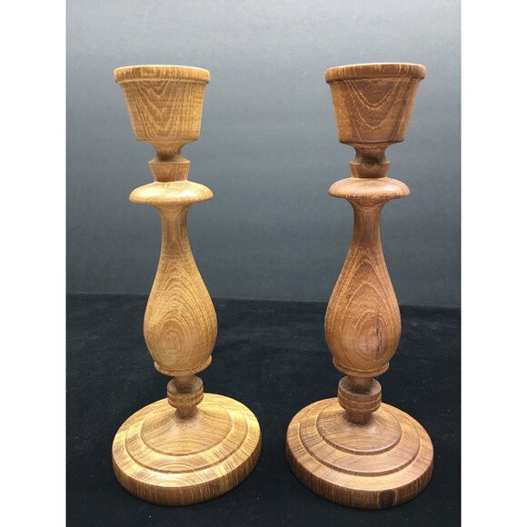 Vintage Hand Turned Wooden Candlesticks Taper Holders Two-Toned 7.5" Tall - Picture 2 of 16